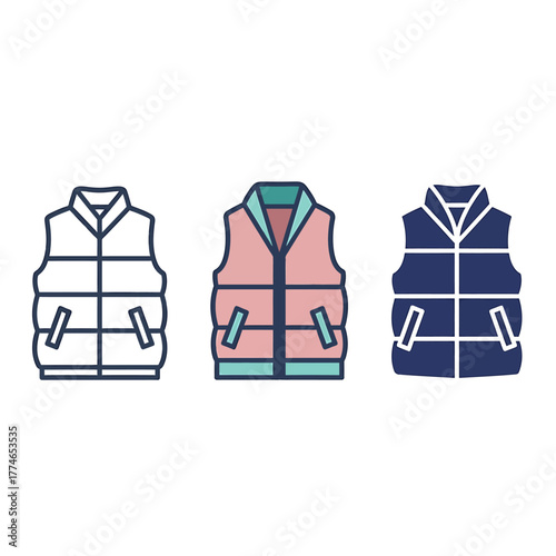 Three stylized vests depicted in different colors and line styles, showcasing fashion design.