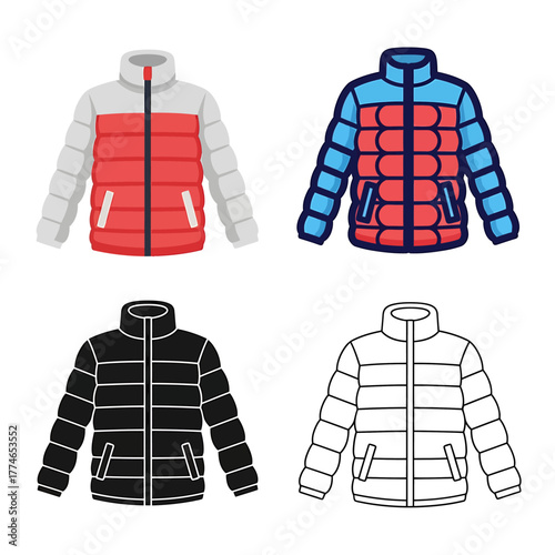 Four puffy jackets in different color schemes and styles, including red, blue, and black, displayed on a white background.