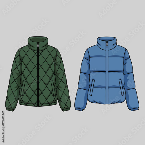 Two puffer jackets, one green with a diamond pattern and one blue, displayed on a gray background.
