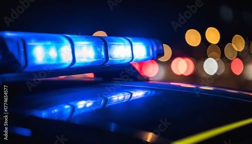 Flashing blue emergency lights of a police vehicle illuminate a dark city street during a nighttime incident