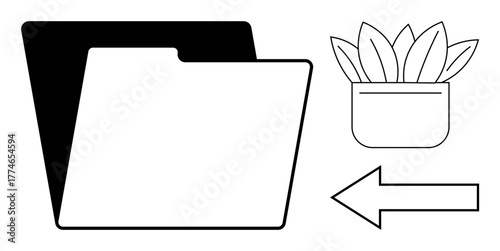 File folder and arrow illustrating data movement or organization with a small potted plant symbolizing workspace aesthetics. Ideal for organization, data management, workflow, minimalism, simplicity