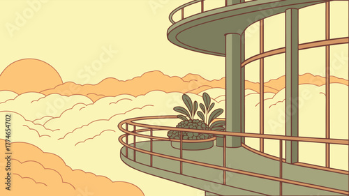 Luxury hotel room interior design with a balcony view of the sea and sunset