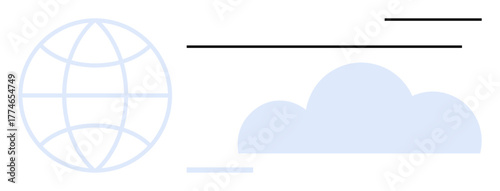 Globe icon, cloud shape, and horizontal lines representing data transfer. Ideal for technology, networking, cloud computing, global reach, internet data storage communication. Simple flat metaphor