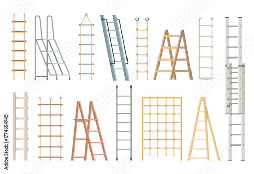 Rope ladders. Housekeeping climbing elements, different types step ladders, wooden, metal staircases, dummy and suspended, portable stairway qualitative vector flat style isolated set