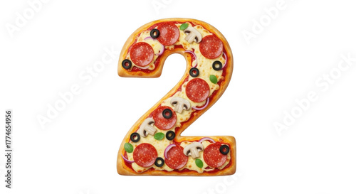 A delicious pepperoni and olive pizza shaped like the number two isolated on transparent background