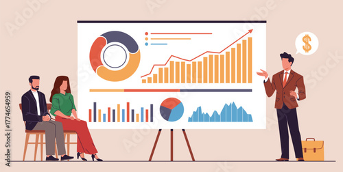 Project presentation. Business people consider graphs at conference, man points at screen with analytical data, manager and employee meeting in office nowaday vector cartoon flat concept