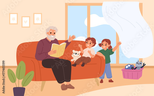 Grandchildren visiting grandparents. Grandpa is sitting on couch and reading book to happy granddaughter and grandson, room interior cartoon flat style isolated garish vector concept