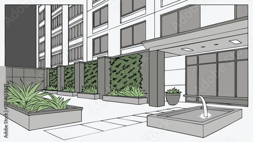 Luxury modern office building exterior with glass facade and prominent columns in the urban city architecture