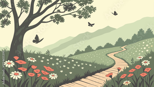 Vibrant spring landscape view of a green meadow and forest with trees and flowers under a blue sky and white clouds