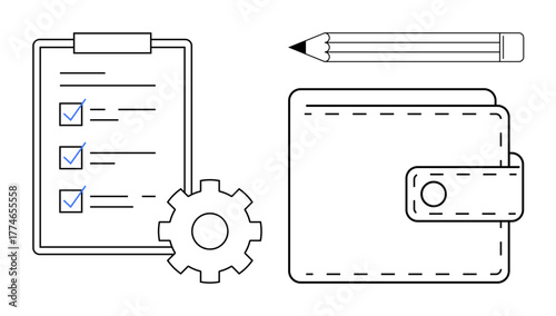Checklist with marked tasks, wallet, pencil, and gear representing planning, budgeting, task management, and efficiency. Ideal for finance, productivity organization strategy workflow