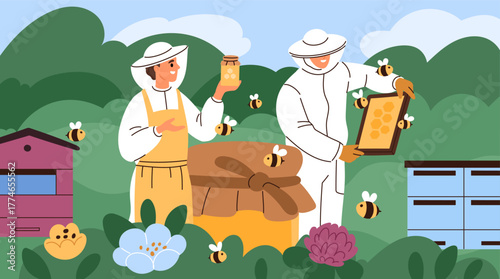 Beekeepers work. People in uniform at apiary, collecting honey, caring for bees and hives, family farm business, sweet organic food, cartoon flat style isolated garish vector concept