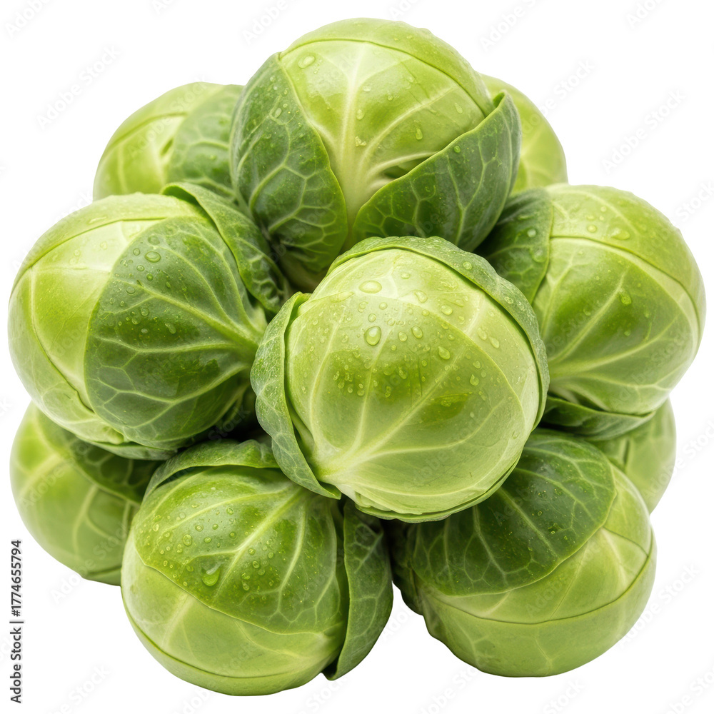 Fototapeta premium Fresh green brussels sprouts with water droplets stacked in a pile