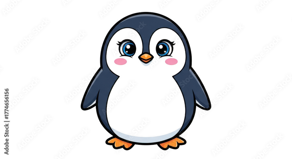 Obraz premium Cute cartoon penguin with big eyes and pink cheeks isolated on transparent background