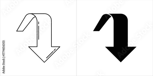 Curved arrow pointing down, line art and solid