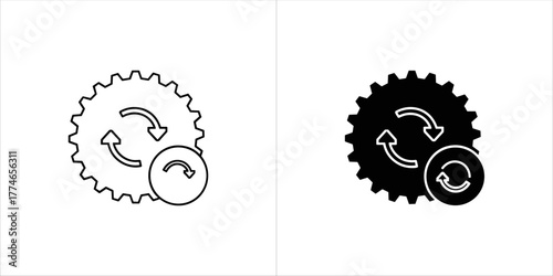 Gear with refresh arrows icon, black and white
