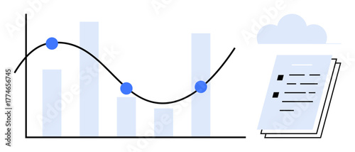 Bar graph with trend line and data points representing analytics beside stacked documents linked to a cloud. Ideal for reporting, business intelligence, research, forecasting, data strategy, records