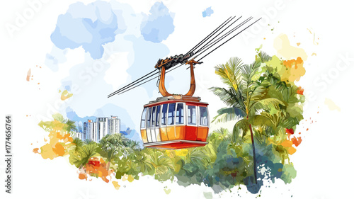 Merida Cable Car. Merida Cable Car hand drawn watercolor illustration