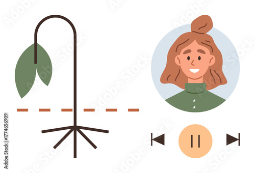 Wilted plant alongside a smiling woman in a circle portrait with media playback icons. Ideal for personal growth, mental health, recovery, mindfulness, positivity, motivation, change. Simple flat