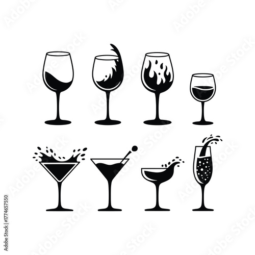 Cocktail and wine glass silhouette icons set