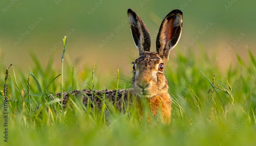 Obraz premium Brown Hare in Lush Grass Field.