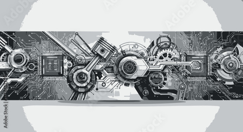 Intricate grayscale illustration showcasing a complex assembly of mechanical and technological components.