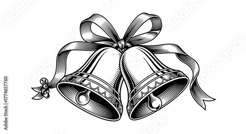 Illustration of two silver bells with a ribbon tied around them.
