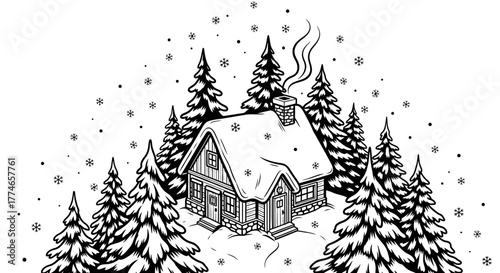 A cozy wooden cabin in a snowy winter forest with smoke coming from the chimney as snowflakes fall.