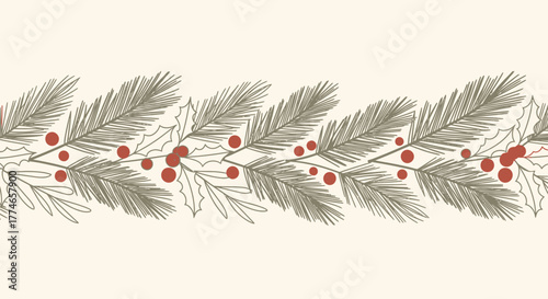 Hand-drawn Christmas garland with pine branches, holly leaves, and red berries on a cream background.