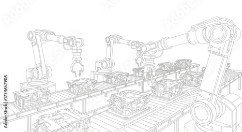Robotic arms on an automated assembly line in a modern factory, illustrating industrial automation and manufacturing processes.