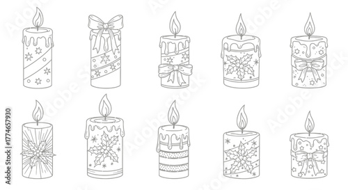 Outline drawings of ten festive Christmas candles decorated with bows, stars, holly, and snowflakes, suitable for coloring.