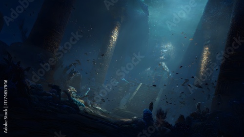 Lost underwater kingdom reveals ancient temple secrets amidst coral reefs and ocean light