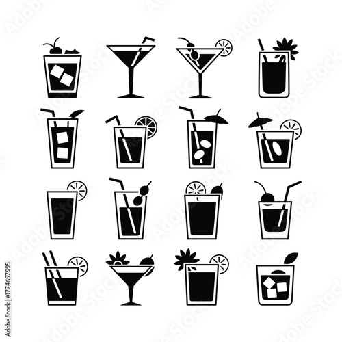 Set of cocktail drink icons, black and white beverage collection with glasses and garnishes