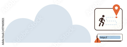 Large cloud shape, geolocation pin leading to walking person icon, and URL bar with warning sign. Ideal for data security, migration, geolocation, accessibility, cyber threat, navigation simple flat