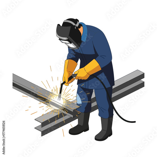 Isometric Vector Welder Working with Welding Torch and Sparks