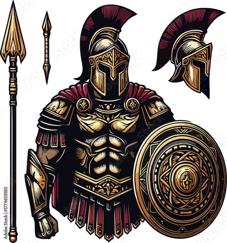 Golden Spartan Warrior Armor Set Vector – Hoplite Helmet, Ornate Shield, Spear, and Chestplate Collection