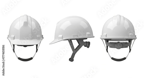 White construction safety helmet in three different angles of view on a white background