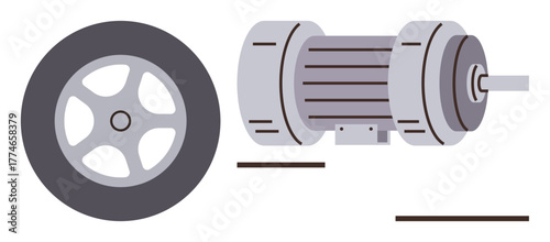 Industrial electric motor paired with a vehicle wheel, emphasizing mechanics and drive systems. Ideal for automation, engineering, transportation, innovation, energy efficiency, mechanical processes