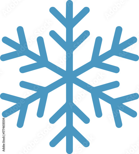 Simple blue snowflake icon representing winter cold and frost with six distinct points on a white background