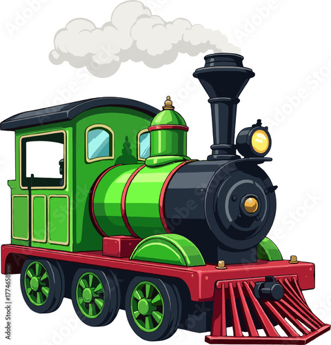 A bright cartoon illustration of a toy steam locomotive with colorful details and soft smoke, perfect for children’s themes, transportation artwork, playroom designs, educational graphics