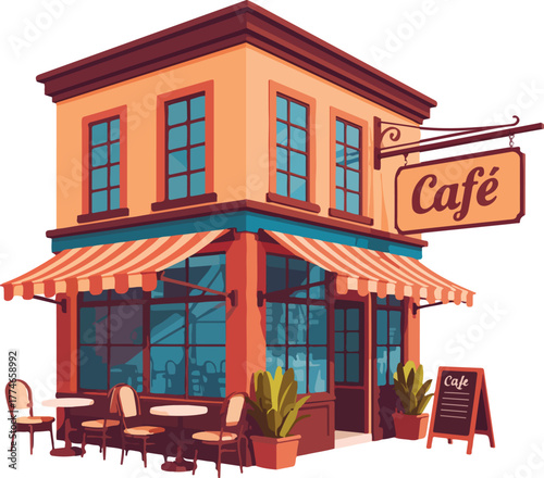 Corner cafe building vector illustration with striped awning outdoor seating and a welcoming sign
