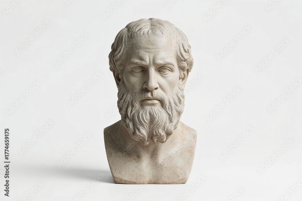 Obraz premium Studio shot Ancient Greek bust, thoughtful expression, white background, history education