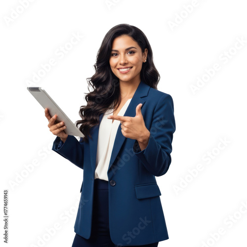 A woman in a blue blazer holding a tablet and pointing to it.