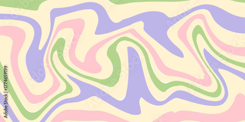Groovy pastel burst in retro style shines as an abstract sun and sunshine swirl. Wavy y2k background adds subtle grunge touch with a soft color finish. Horizontal orientation.