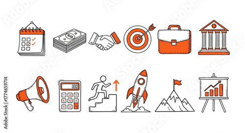 Business growth strategy icons set in doodle style, depicting calendar, money, handshake, target, bag, architecture, and technology