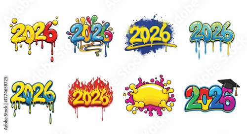 Colorful Graffiti-Style 2026 Graphics Set for Celebrations and New Year's Designs