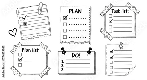 Hand-drawn black and white vector set of planner pages, sticky notes, and checklist templates for organizing tasks, schedules, and daily reminders