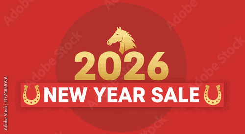 2026 New Year Sale with Horse Head Silhouette and Horseshoe Accents on Red Backdrop