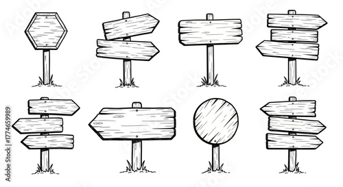 Collection of Hand-Drawn Wooden Signposts and Directional Arrows on White Background