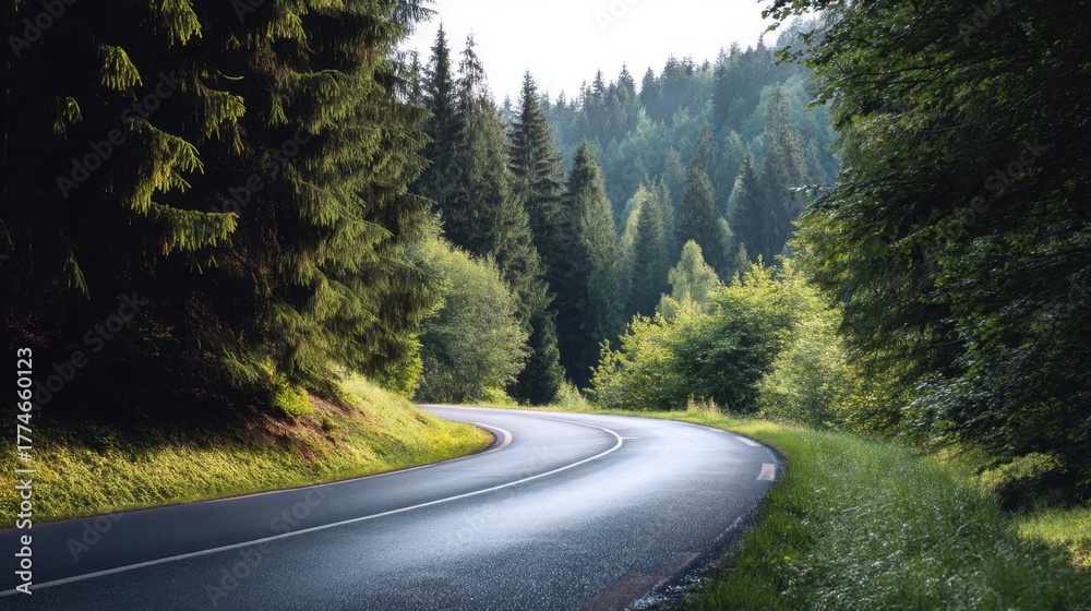 Fototapeta premium Winding road through a dense forest, showcasing the beauty of nature and adventure. Journey concept for travel or exploration.