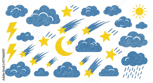 Weather elements vector illustration featuring clouds, stars, lightning, and rain for design